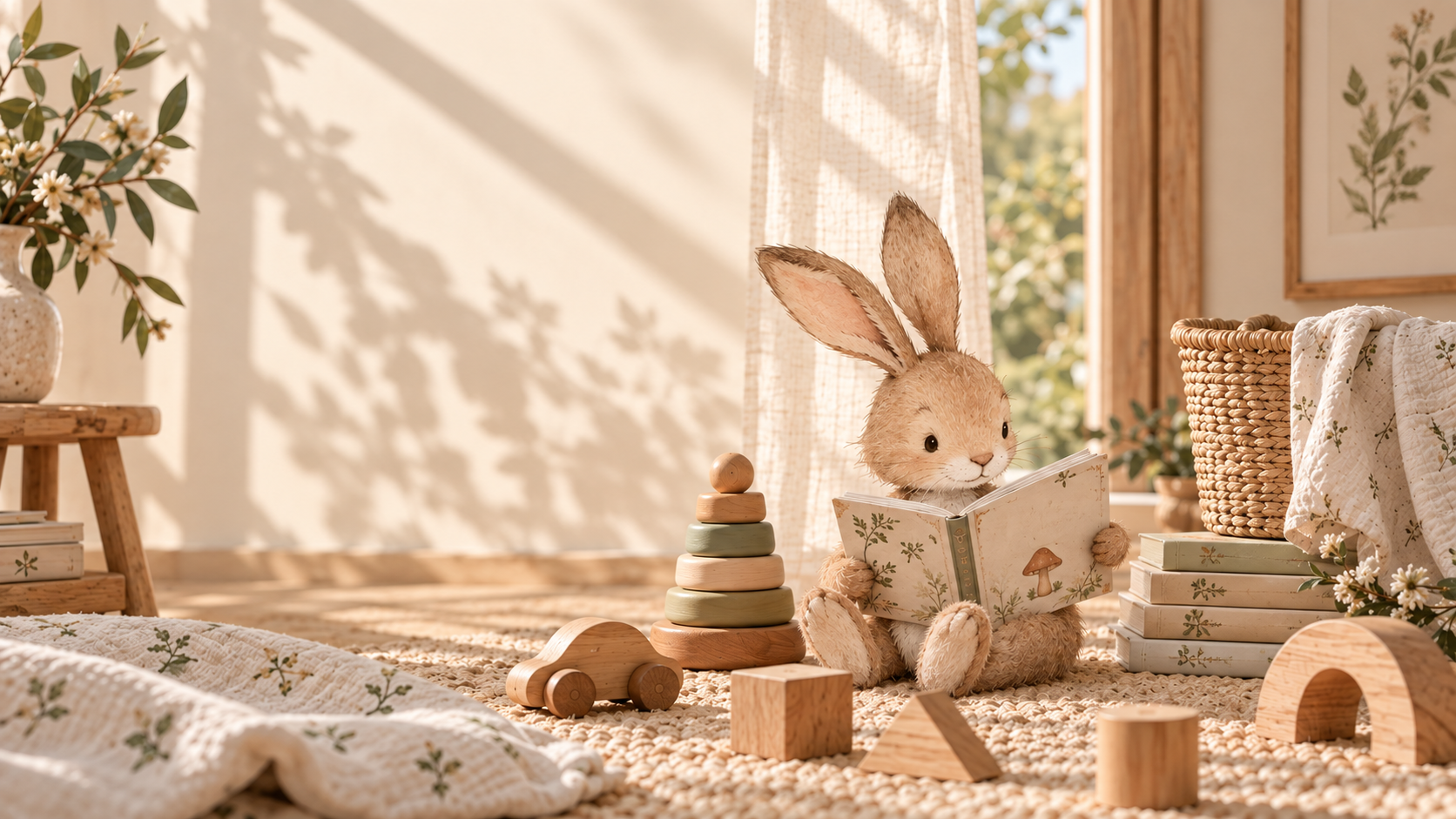 Curio bunny reading a picture book in a warm, sunlit playroom